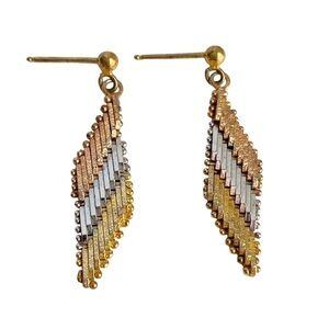 Vintage Tricolor Silver Gold Rose Gold Earrings 70s 80s Retro Drop Pierced